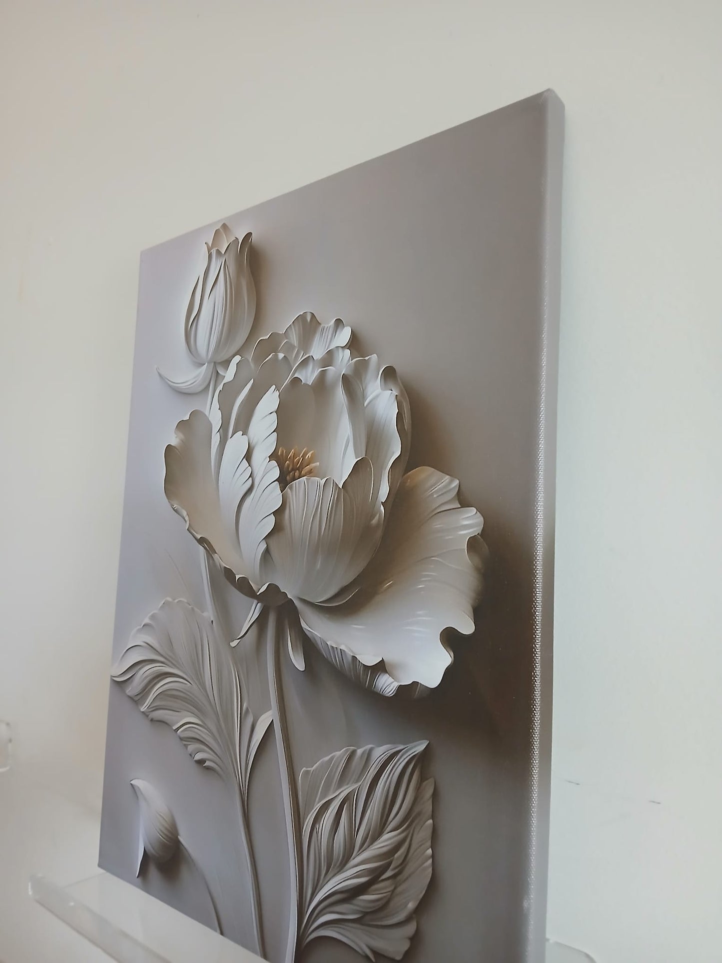 3D Textured Effect - White Floral Canvas Print Wall Art 1pc