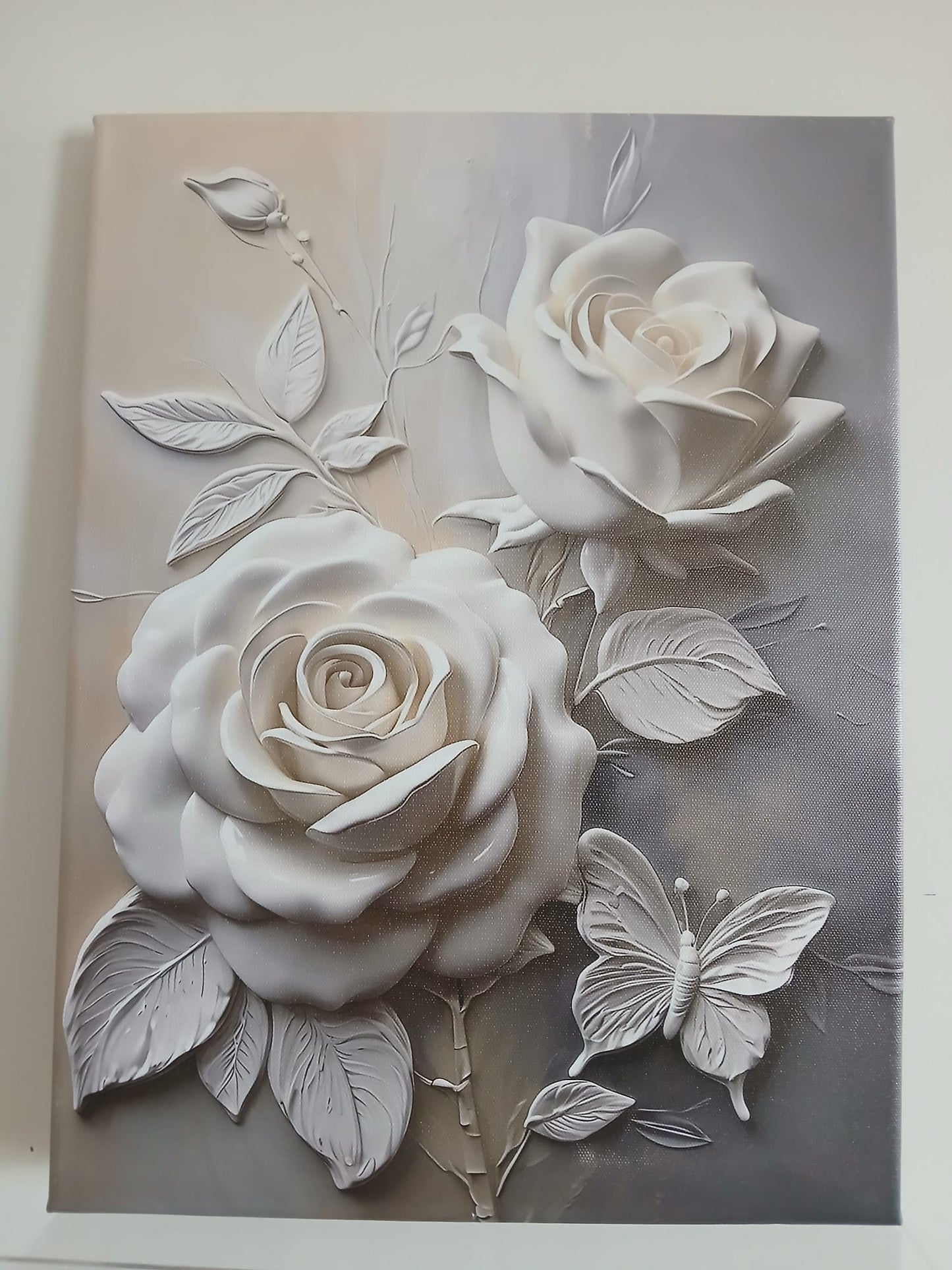 White Rose & Butterfly 3D Textured Effect Canvas Print Wall Art