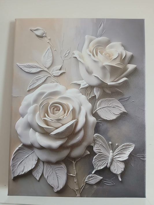 White Rose & Butterfly 3D Textured Effect Canvas Print Wall Art
