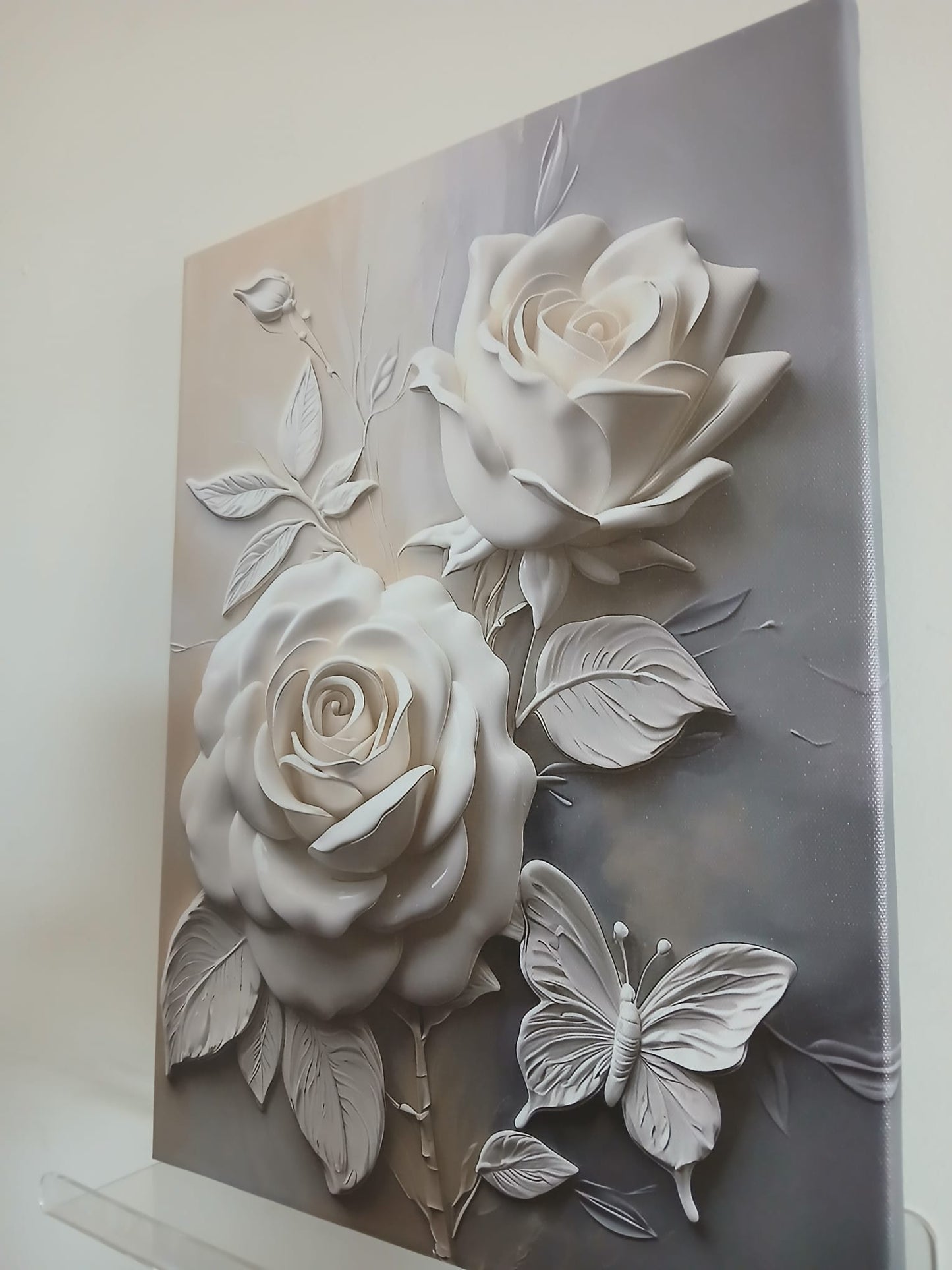 White Rose & Butterfly 3D Textured Effect Canvas Print Wall Art