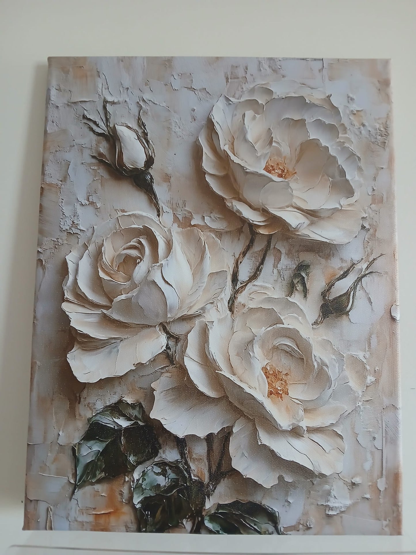 White Floral & Green Leaves 3D Textured Effect Canvas Print Wall Art - 1pc