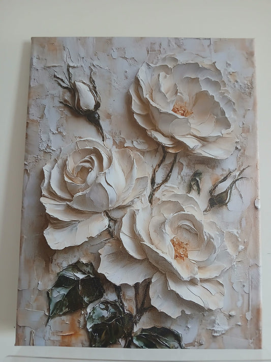 White Floral & Green Leaves 3D Textured Effect Canvas Print Wall Art - 1pc
