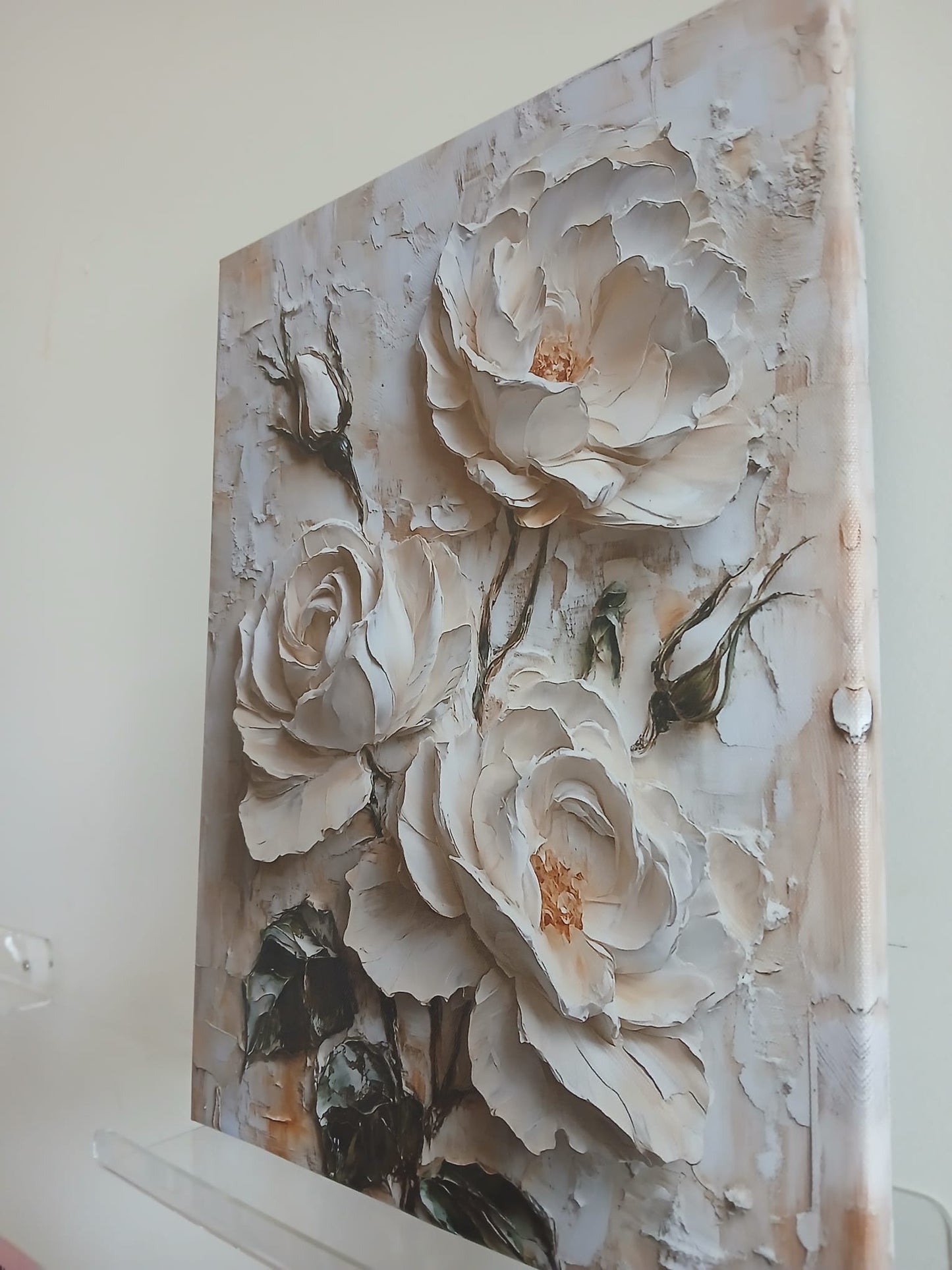 White Floral & Green Leaves 3D Textured Effect Canvas Print Wall Art - 1pc