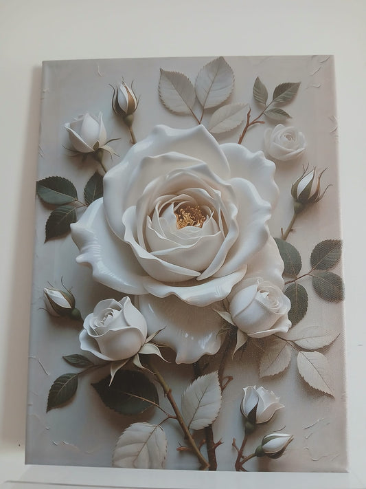 White Rose & Buds with Green Leaves 3D Textured Effect Canvas Print Wall Art