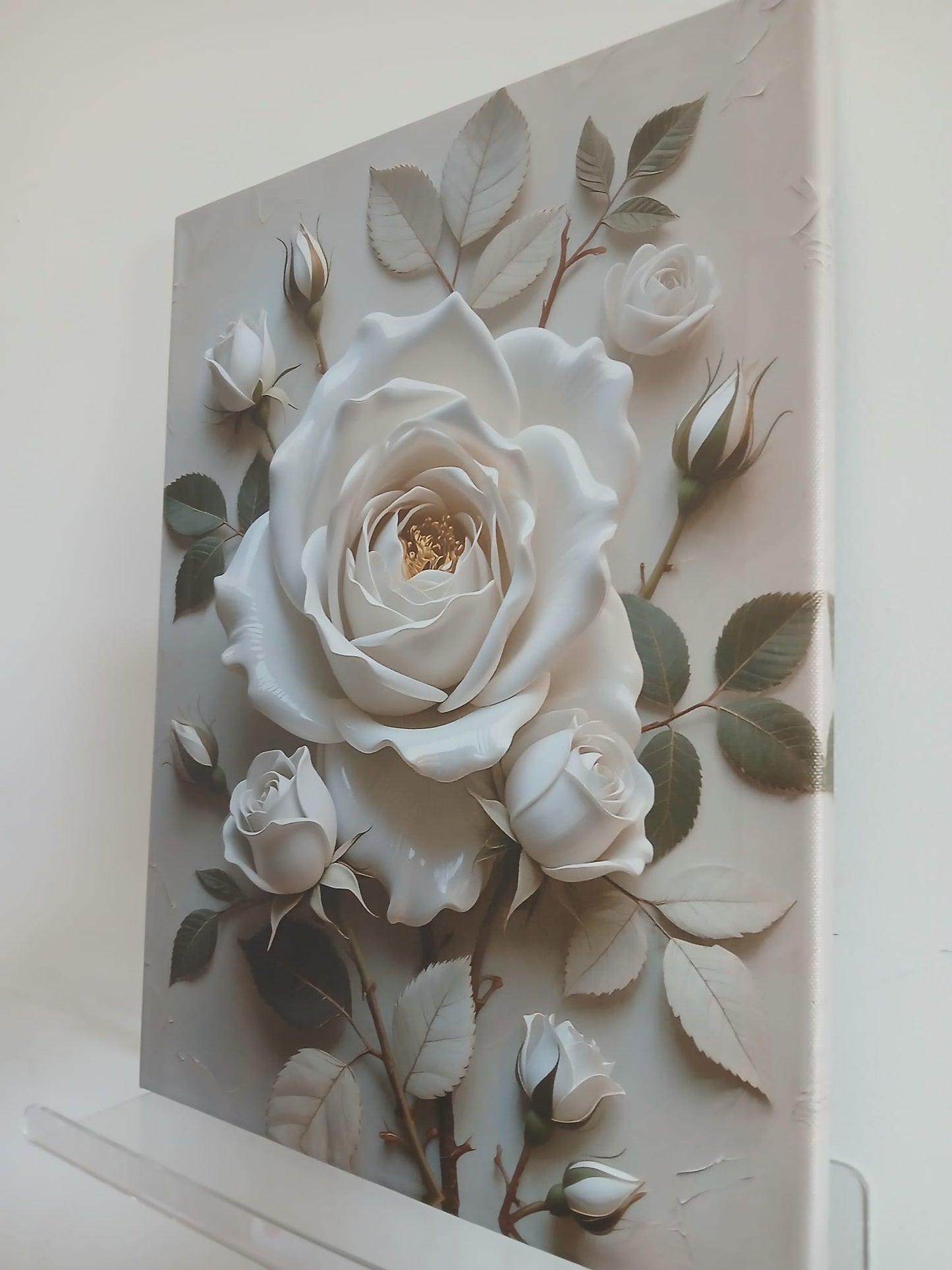 White Rose & Buds with Green Leaves 3D Textured Effect Canvas Print Wall Art