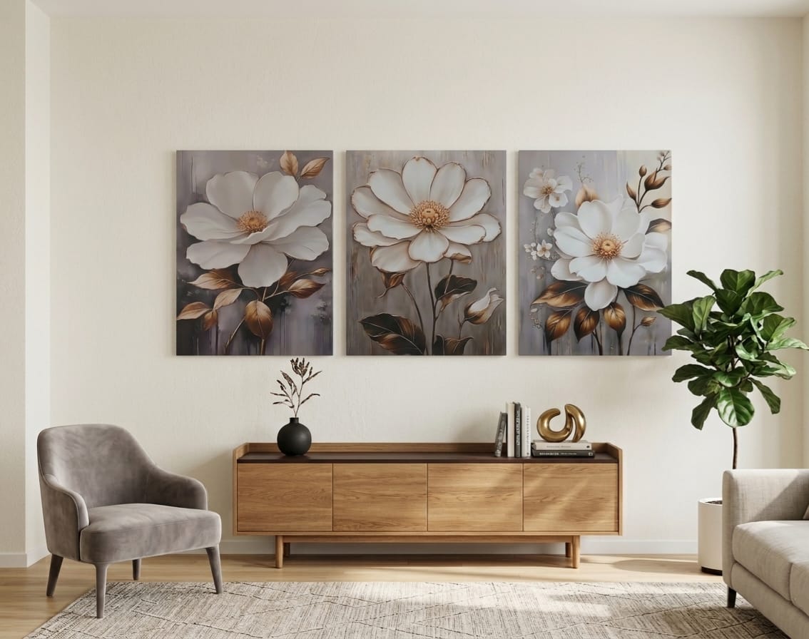 Golden Leaf & White Floral Canvas Print Wall Art