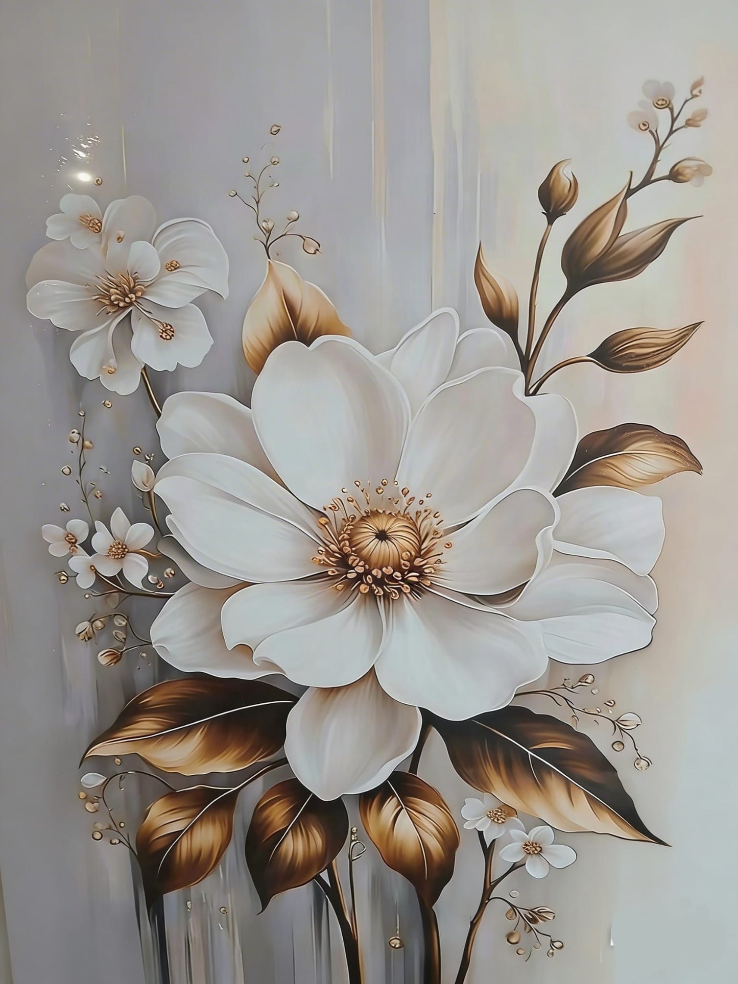 Golden Leaf & White Floral Canvas Print Wall Art