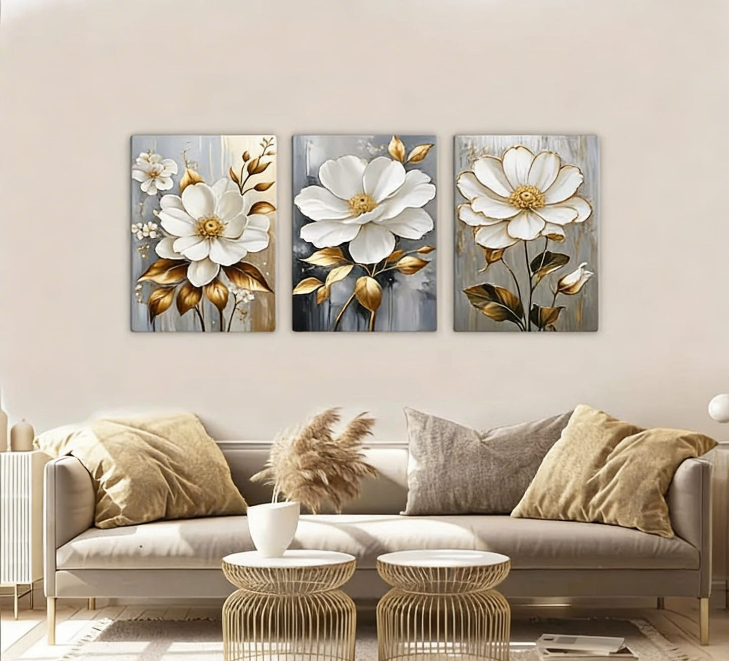 Golden Leaf & White Floral Canvas Print Wall Art