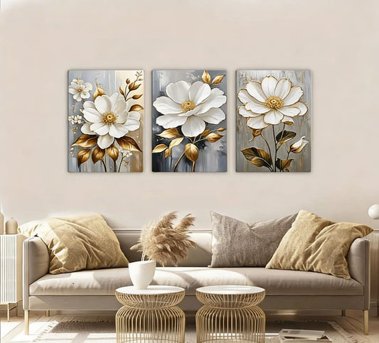 Golden Leaf & White Floral Canvas Print Wall Art