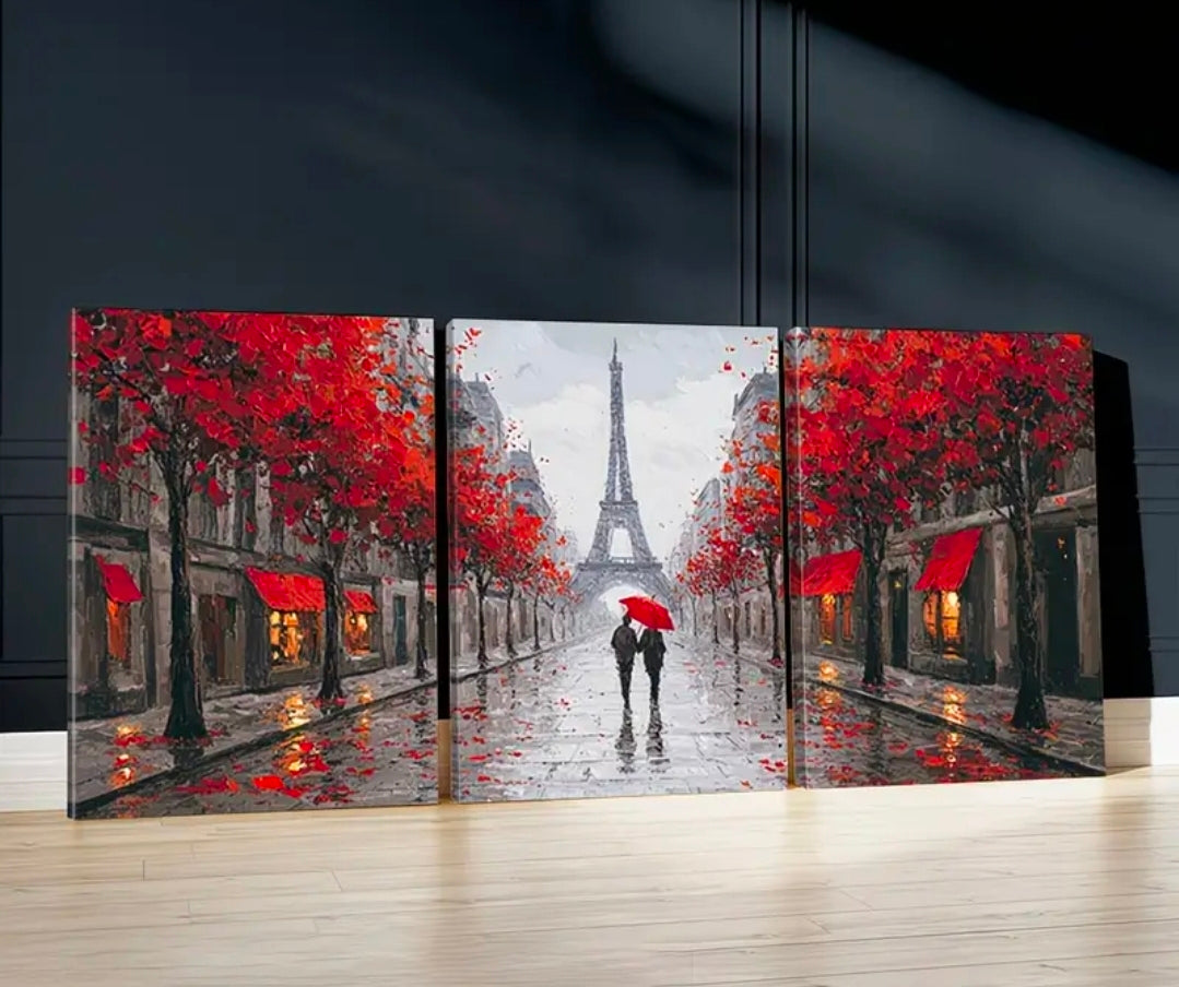 Romantic Paris Rainy Street Canvas Print Wall Art – Vintage Autumn Scene
