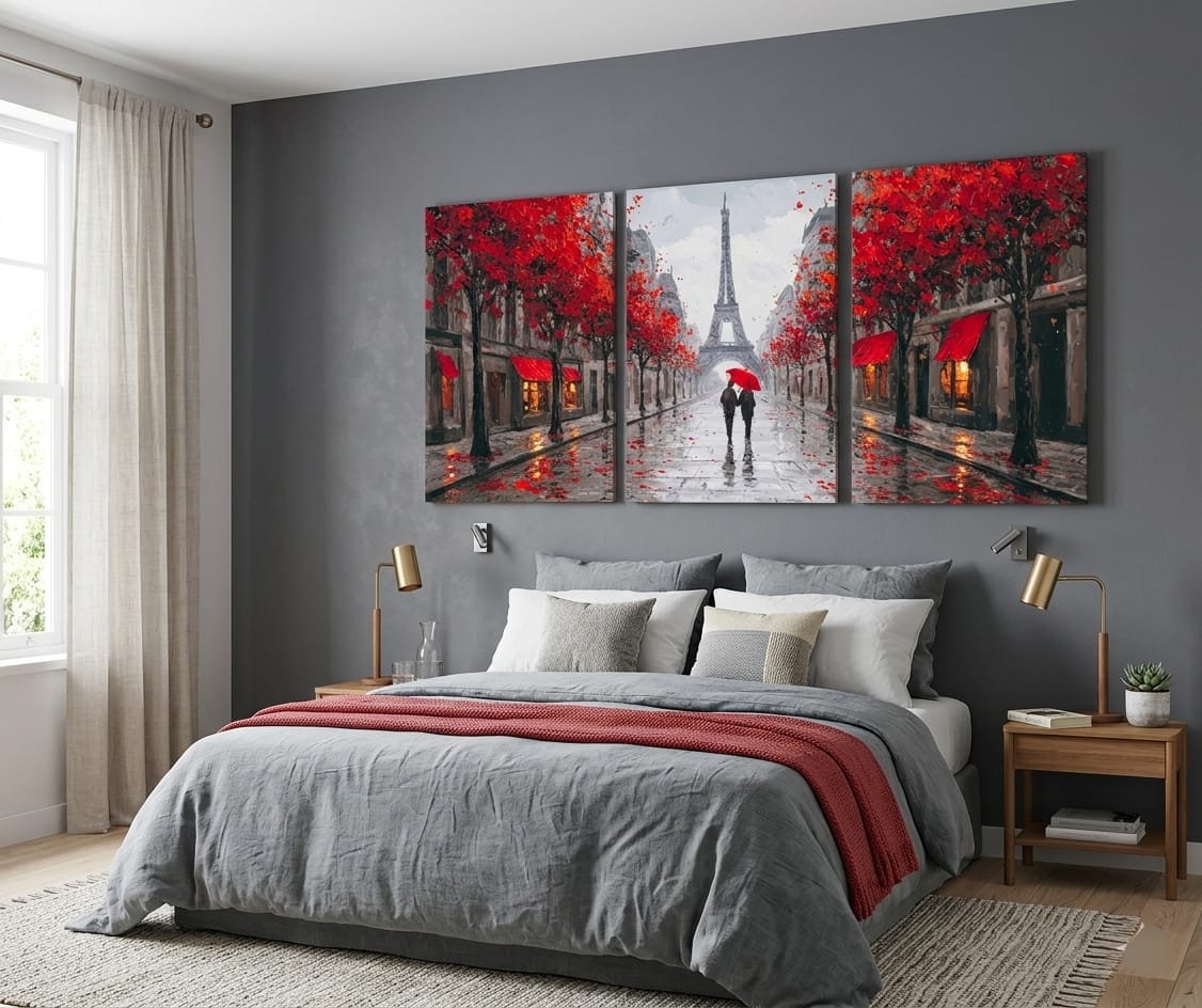 Romantic Paris Rainy Street Canvas Print Wall Art – Vintage Autumn Scene