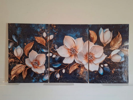 Blue Floral Gold Accent Wall Art Set