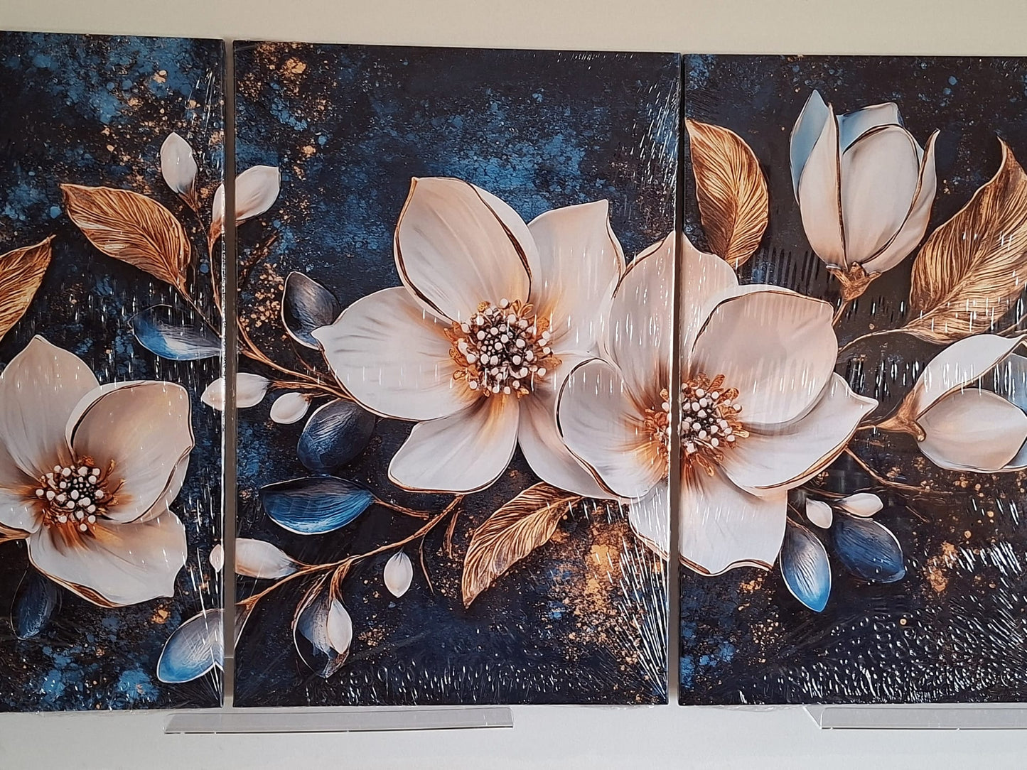 Blue Floral Gold Accent Wall Art Set