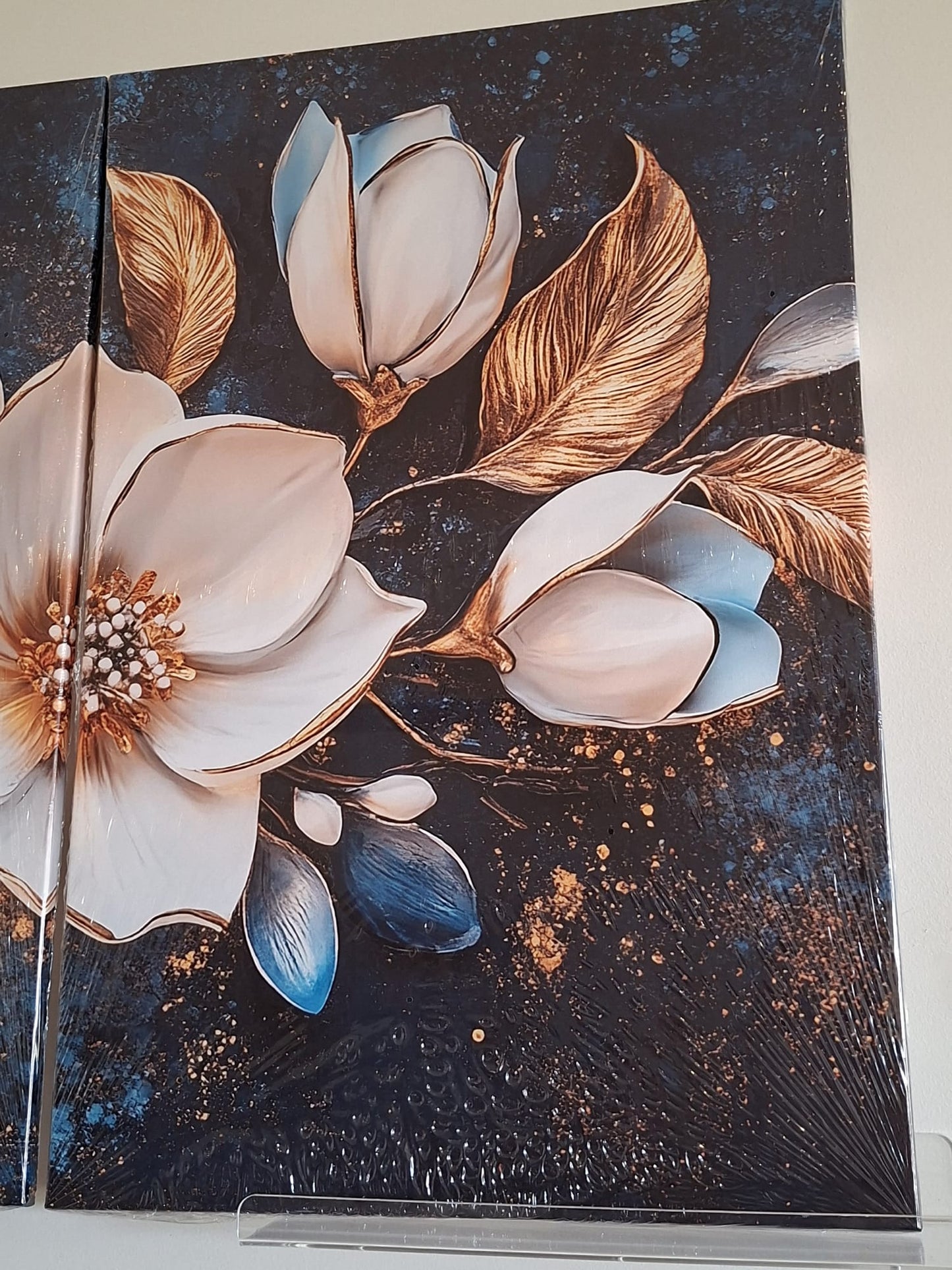 Blue Floral Gold Accent Wall Art Set