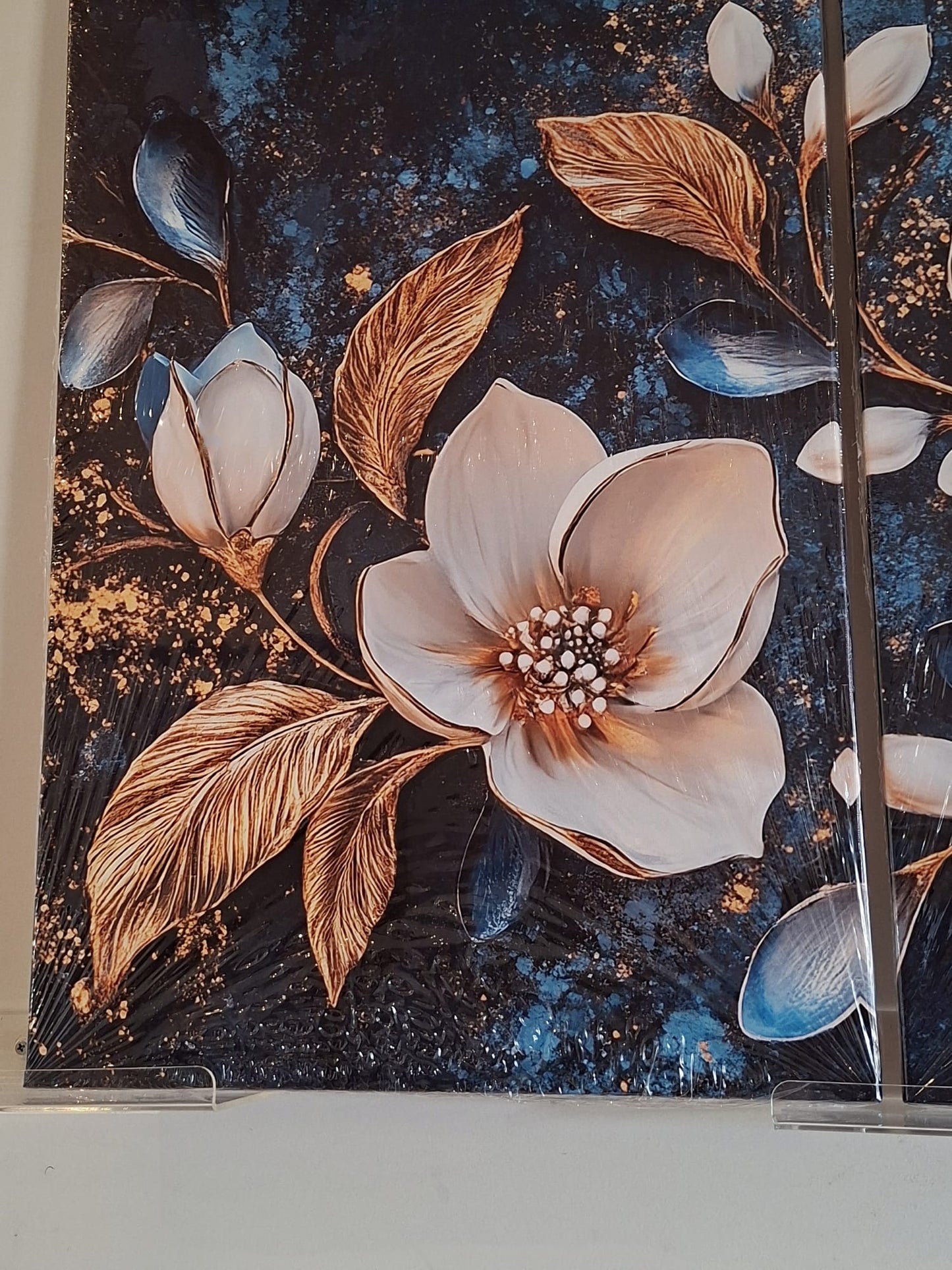 Blue Floral Gold Accent Wall Art Set