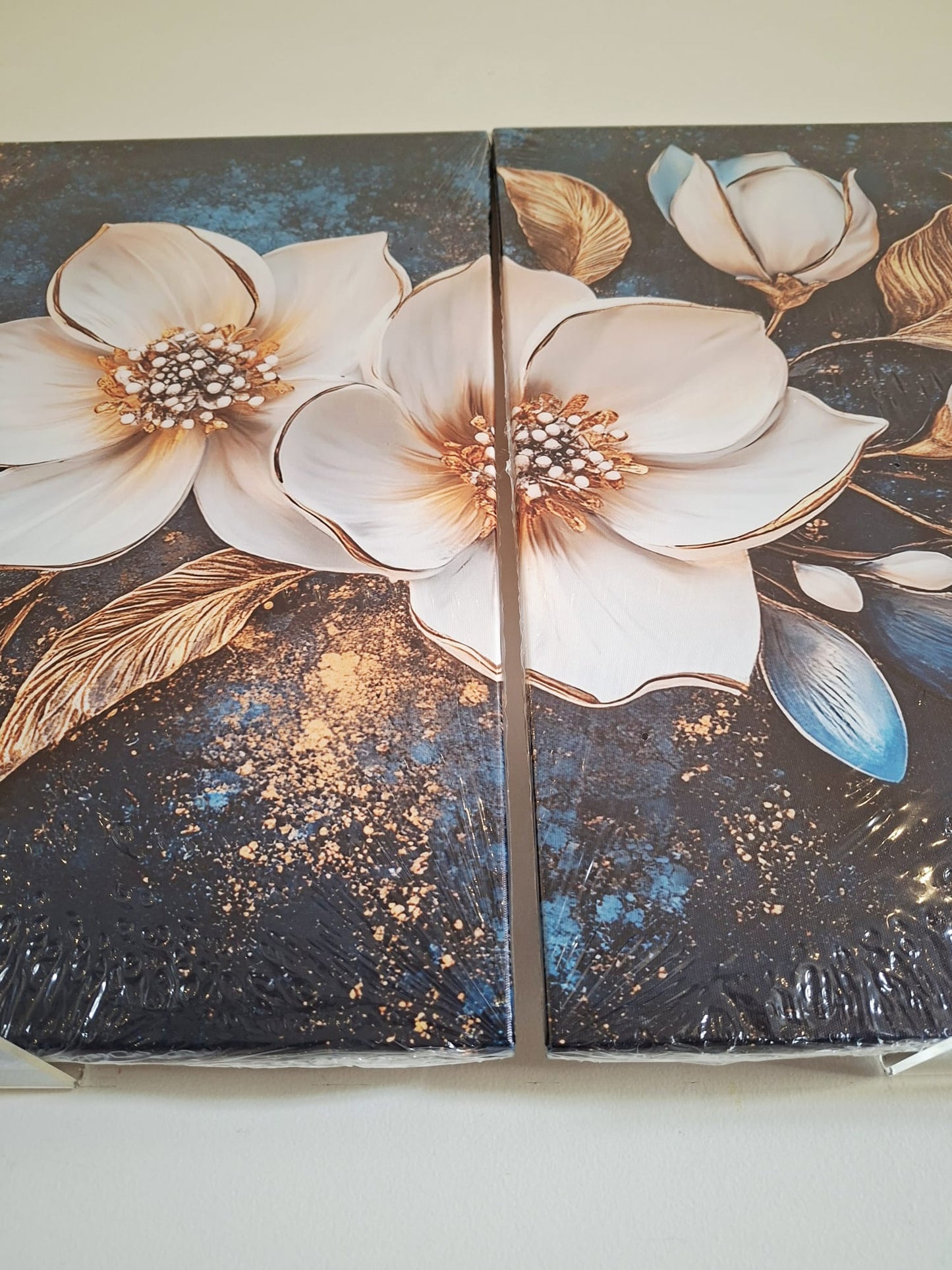 Blue Floral Gold Accent Wall Art Set