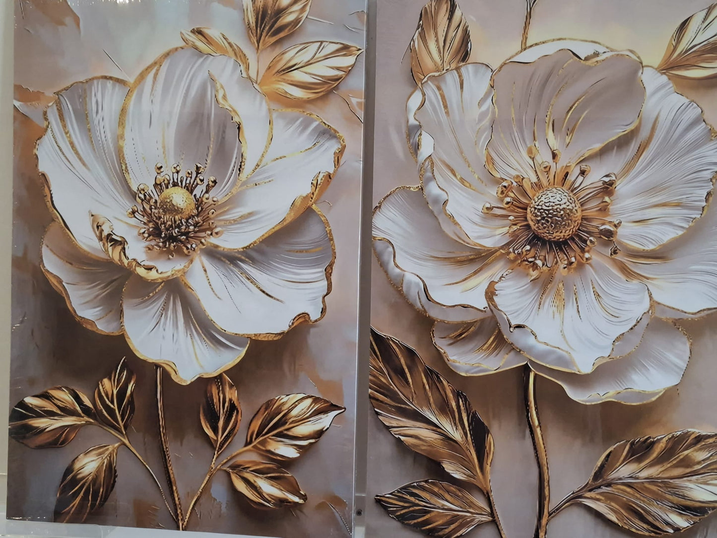 White Floral with Gold Leaf Canvas Wall Art Set