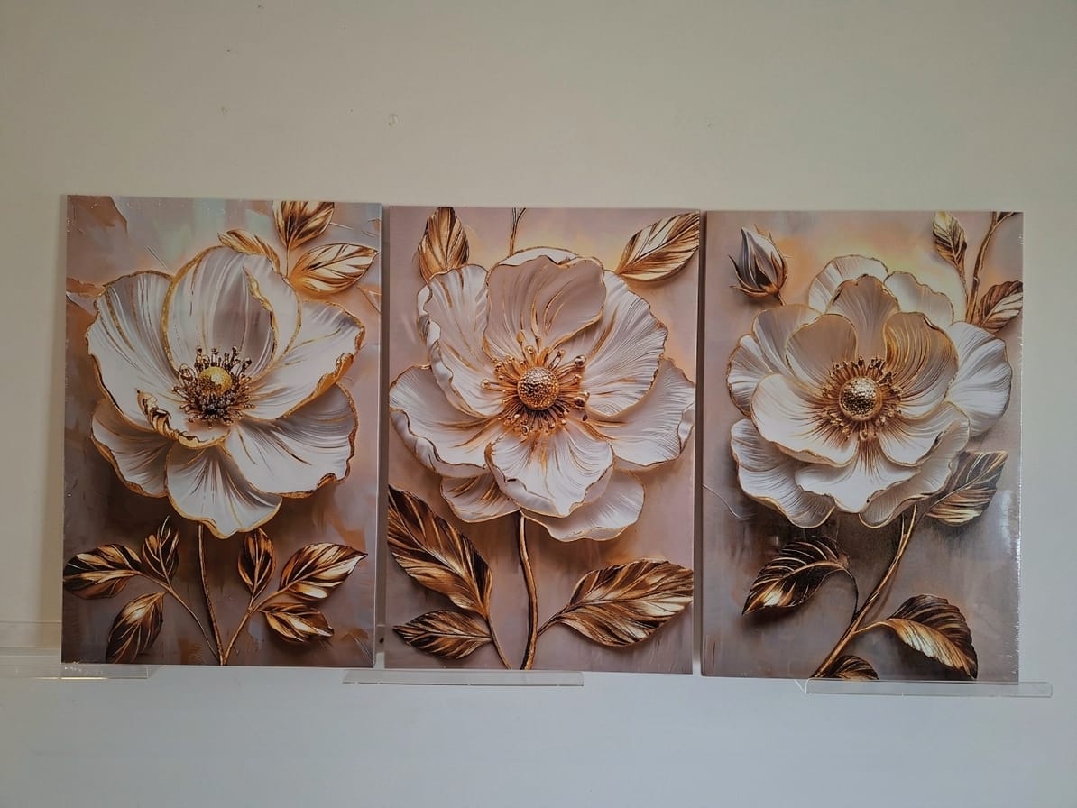 White Floral with Gold Leaf Canvas Wall Art Set