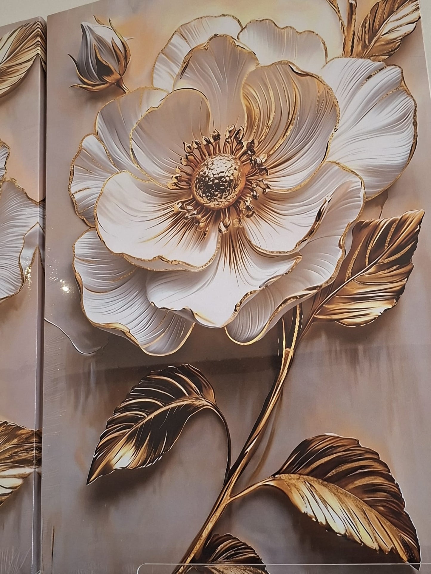 White Floral with Gold Leaf Canvas Wall Art Set