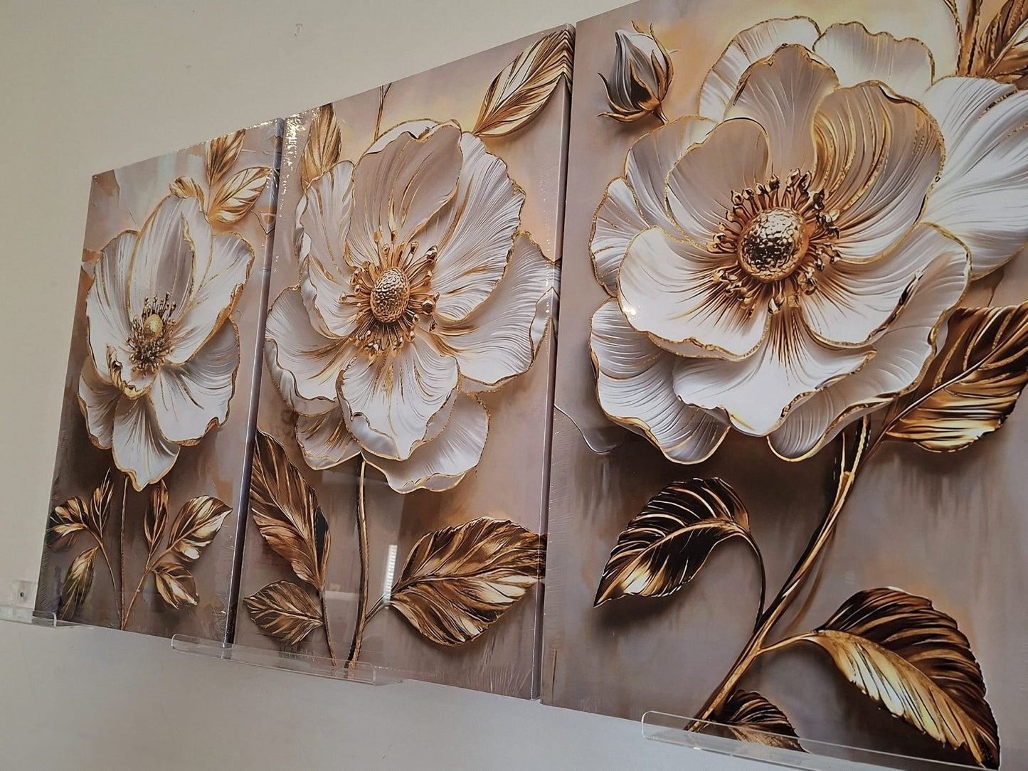 White Floral with Gold Leaf Canvas Wall Art Set