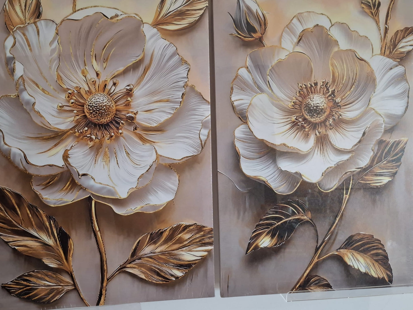 White Floral with Gold Leaf Canvas Wall Art Set