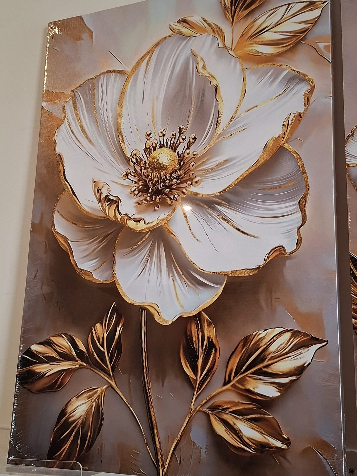 White Floral with Gold Leaf Canvas Wall Art Set