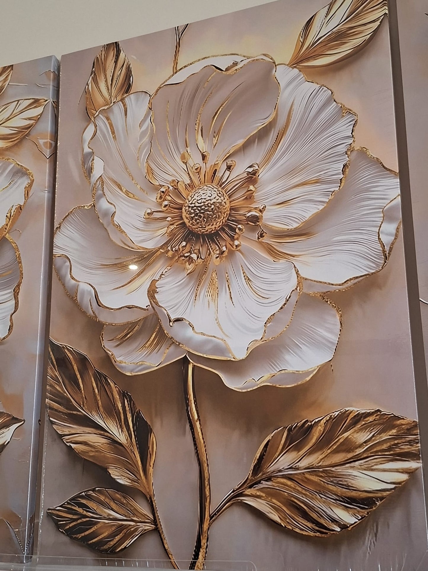 White Floral with Gold Leaf Canvas Wall Art Set