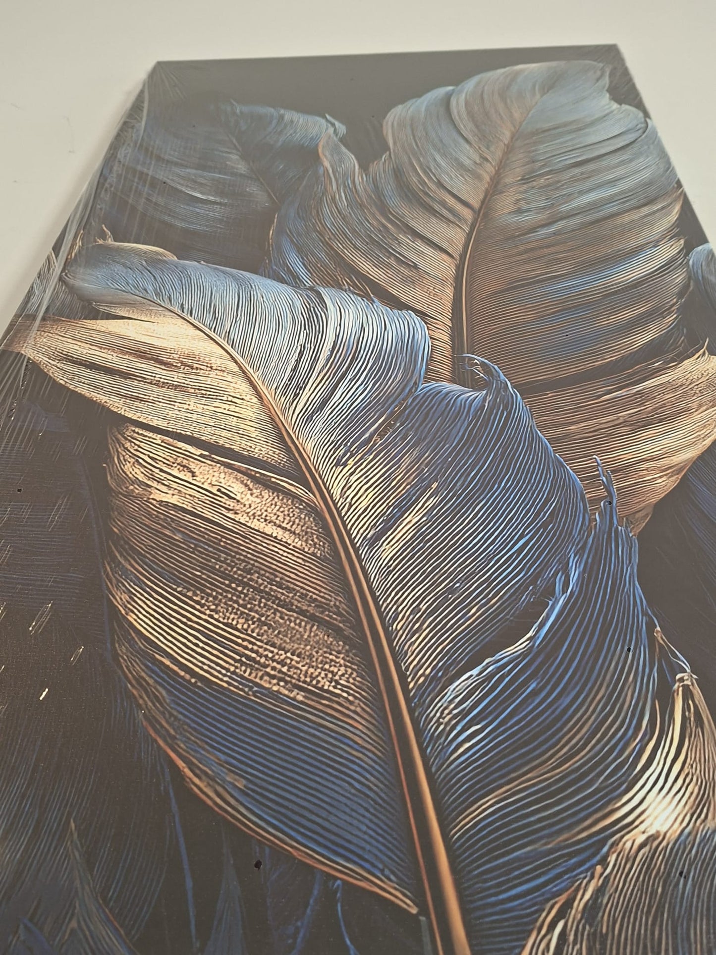Elegant Blue & Gold Feather Canvas Print Wall Art - 1pc