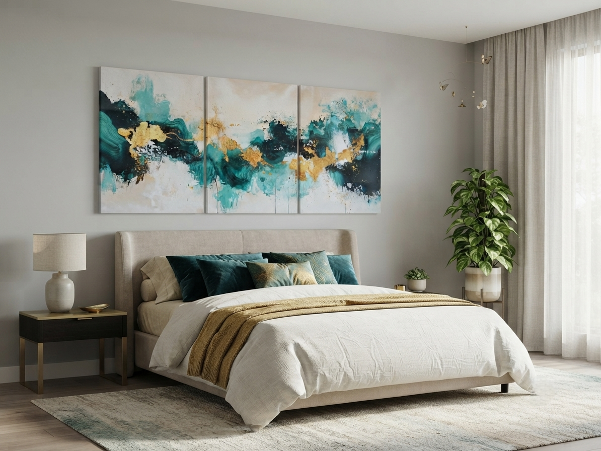Coastal Abstract Teal & Gold Waves Canvas Print Wall Art