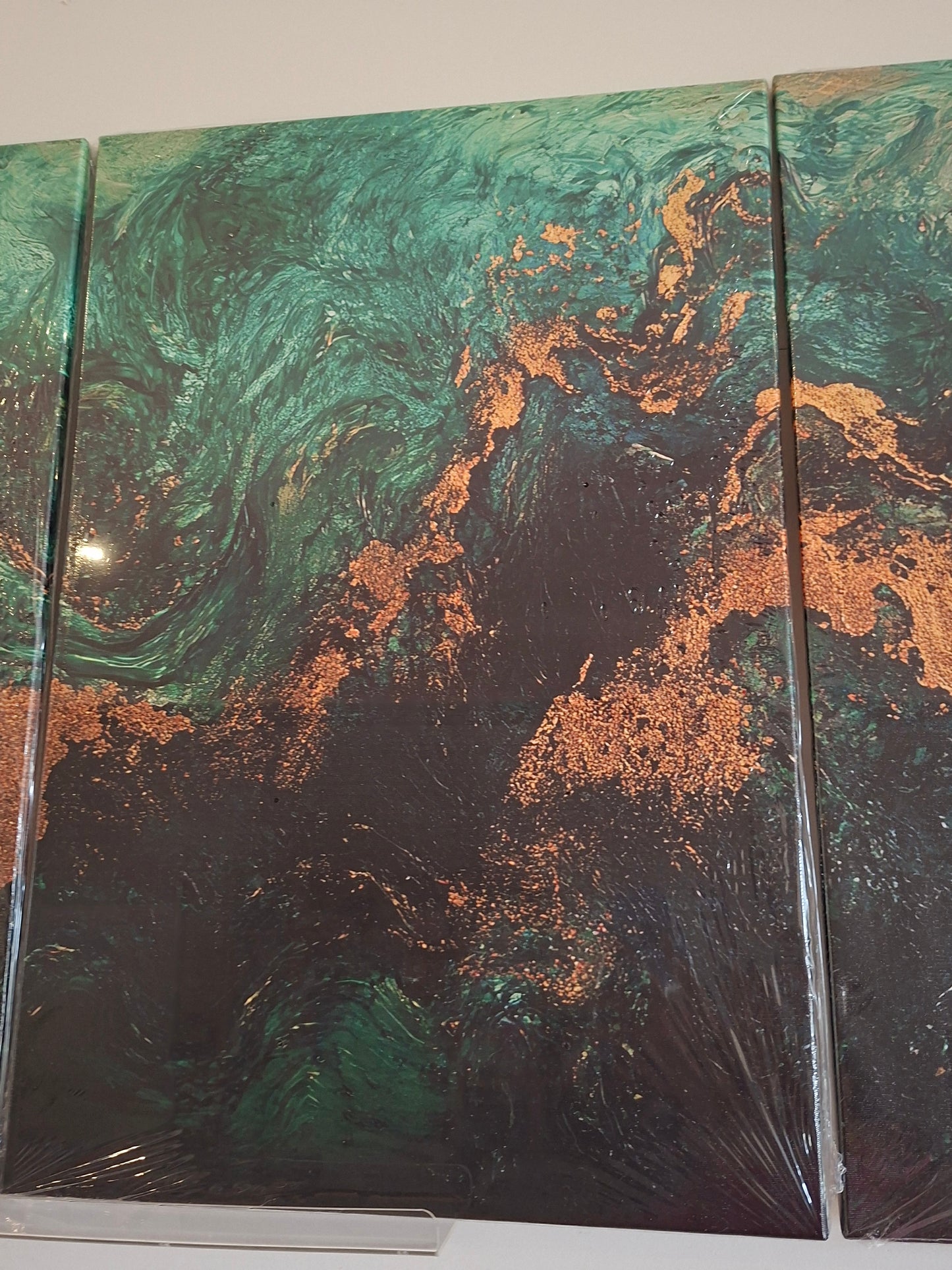 Emerald Green & Gold Fluid Abstract Canvas Wall Art Set