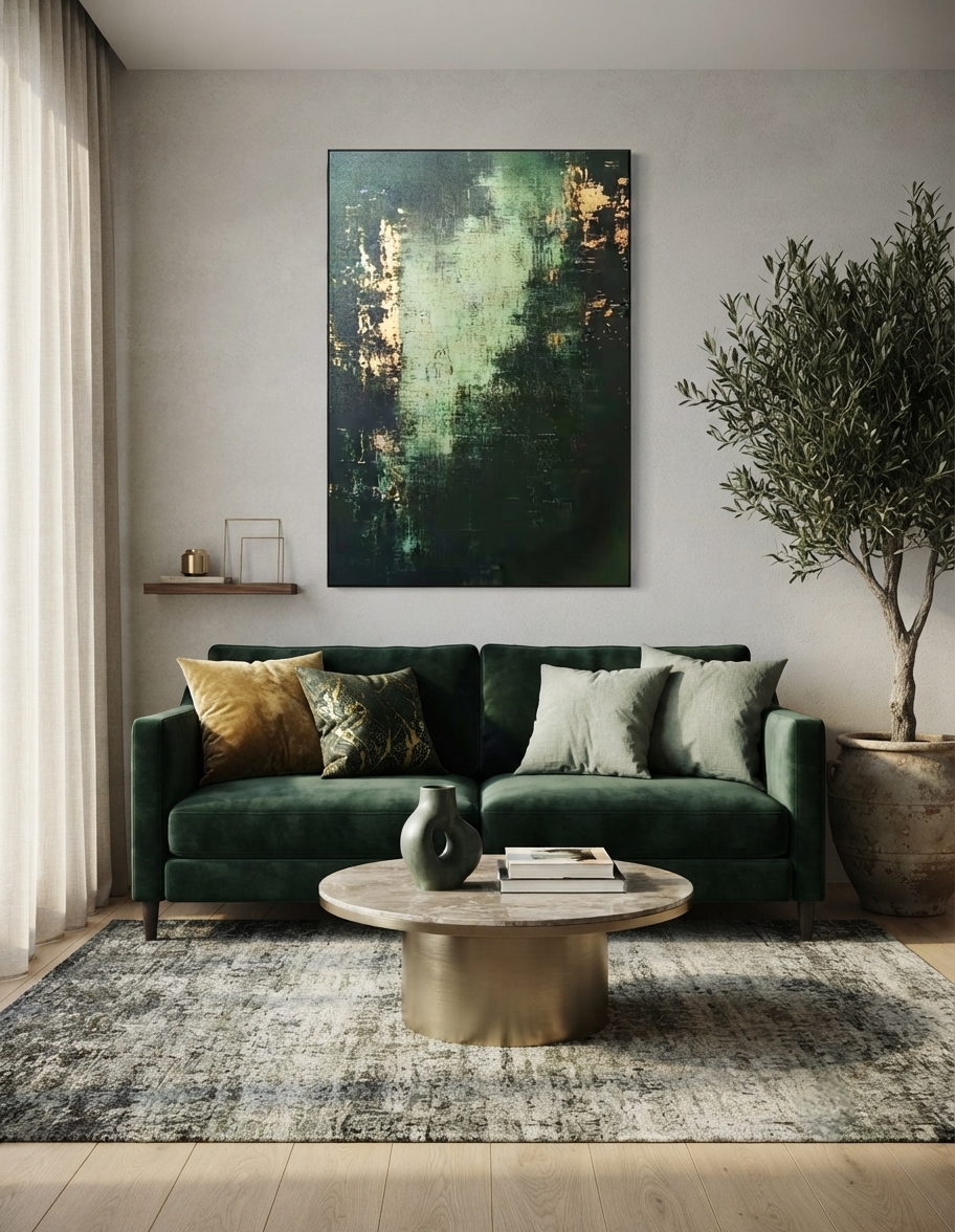 Hand-Painted Green & Gold Abstract Oil Painting – Textured Minimalist Nordic Wall Art