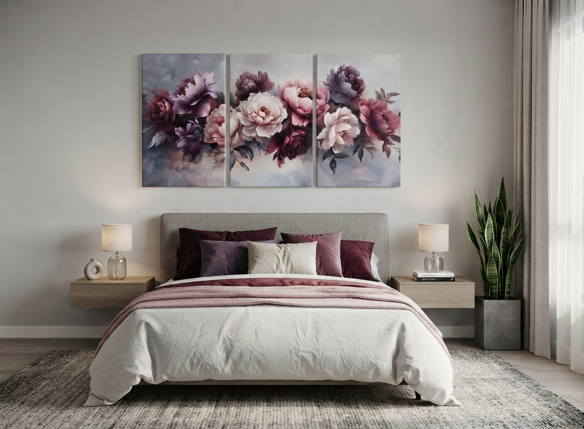Purple Peony Floral Canvas Prints Wall Art Set