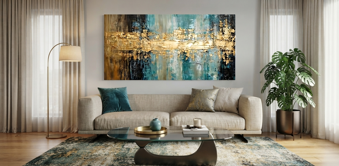 Hand-Painted Blue, White & Gold Abstract Oil Painting – Textured Modern Minimalist Wall Art