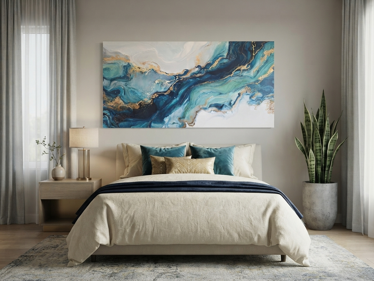 Blue & Gold Fluid Abstract Canvas Wall Art – Large Modern Statement Piece