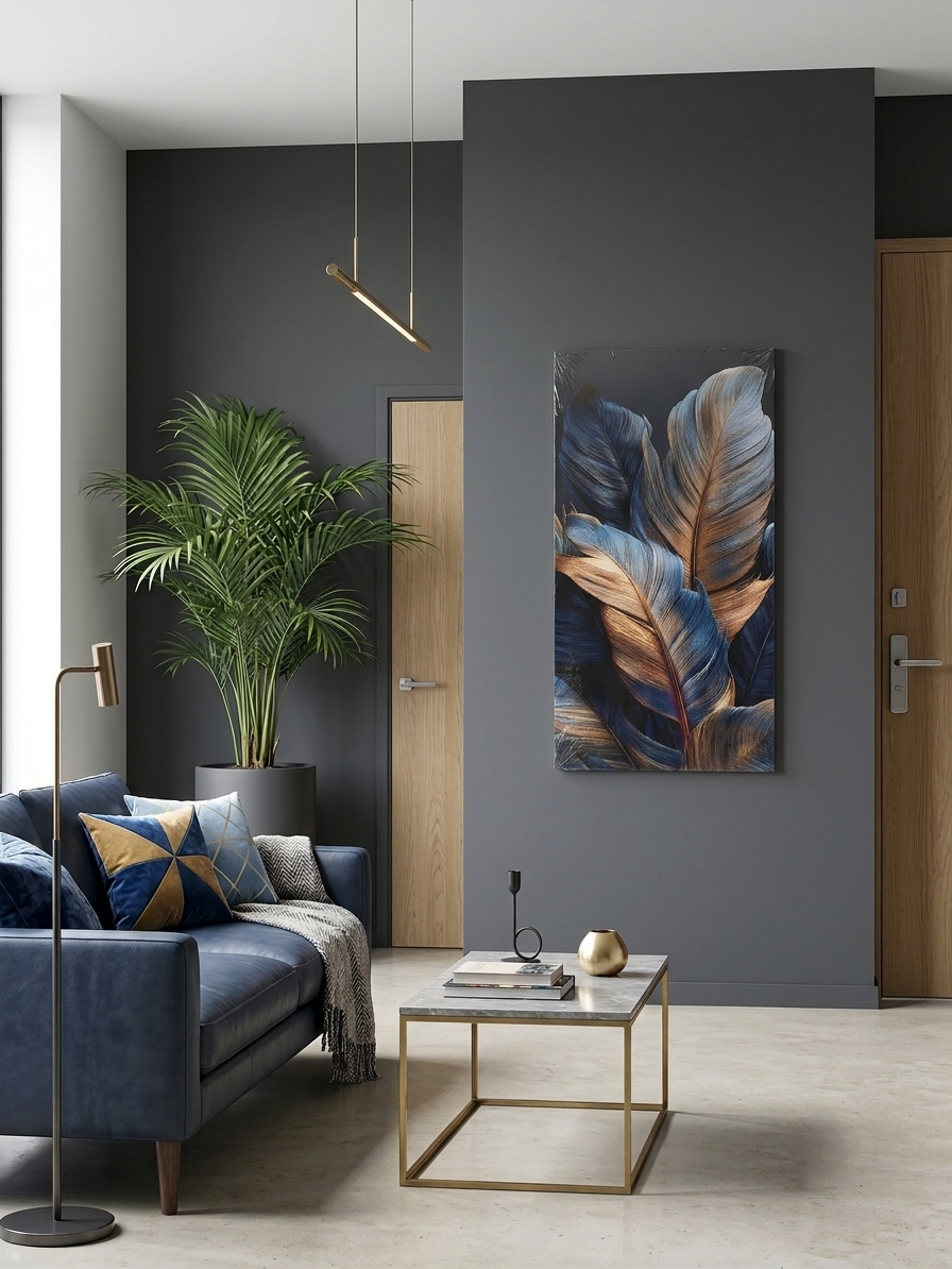 Elegant Blue & Gold Feather Canvas Print Wall Art - 1pc