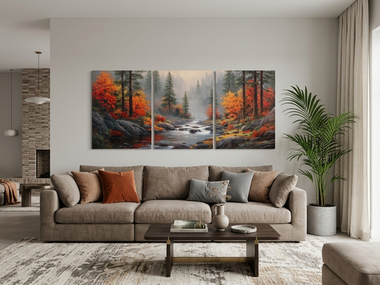Autumn Landscape Wall Art – Misty Forest & Waterfall Canvas Set