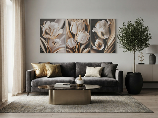 Black & Gold Classic Luxury Tulip Floral Canvas Wall Art Set