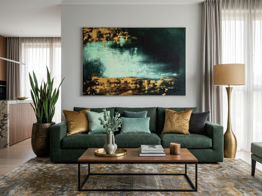 Hand-Painted Green & Gold Abstract Oil Painting – Textured Minimalist Nordic Wall Art