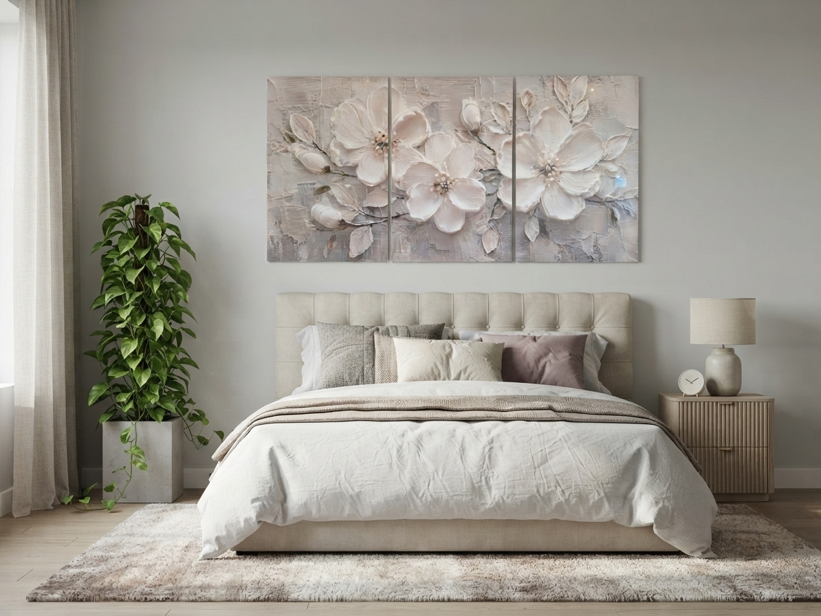 White Blossom Canvas Wall Art – Grey Textured Look Floral Elegance