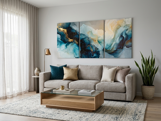 Modern Blue Teal & Gold Abstract Canvas Print Wall Art Set