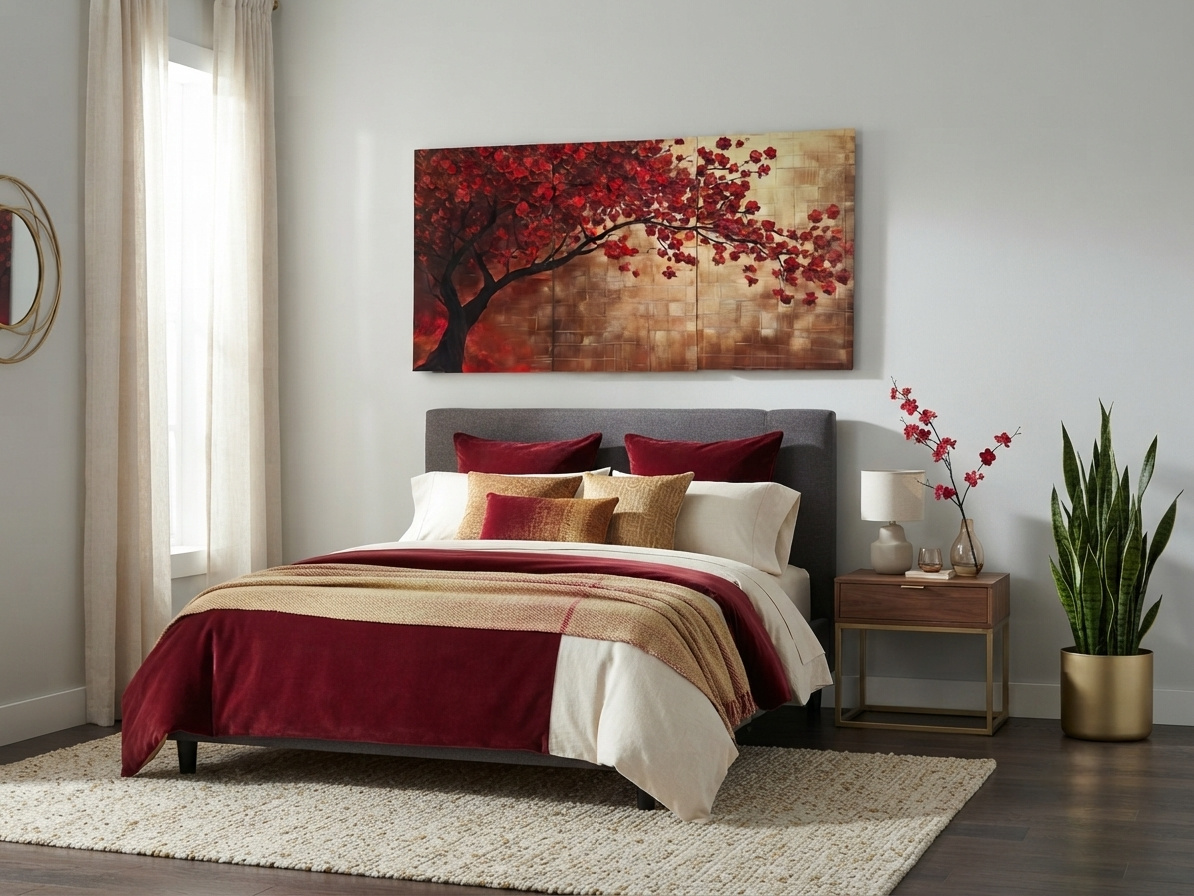 Red Starry Watercolor Tree Canvas Wall Art – Abstract Modern Décor