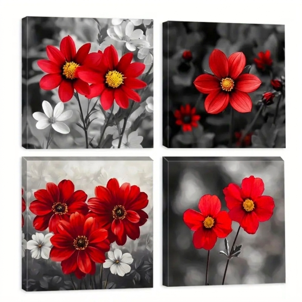 Vibrant Red Bloom Canvas Wall Art Set