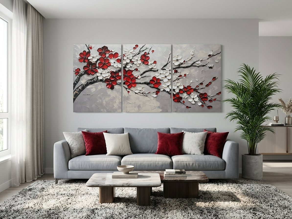 Red & White Cherry Blossom Floral Wall Art Set