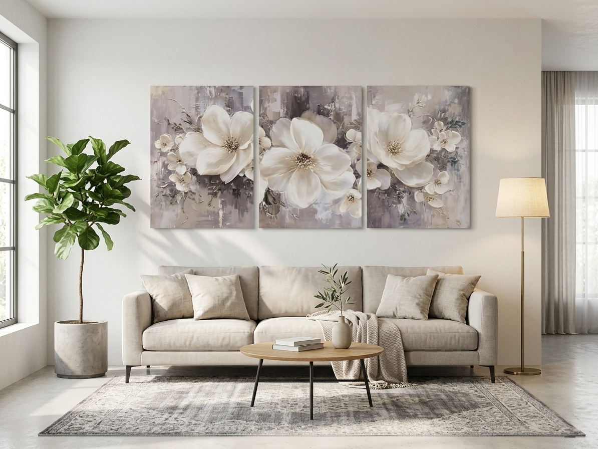 Contemporary White Floral Canvas Wall Art – Abstract Botanical Print