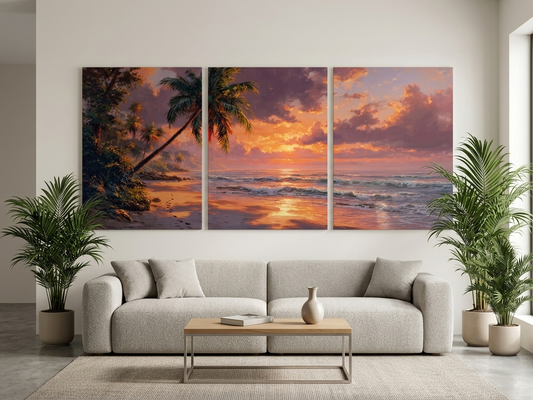 Tropical Beach Sunset Canvas Print Wall Art - Ocean & Palm Tree Coastal Décor