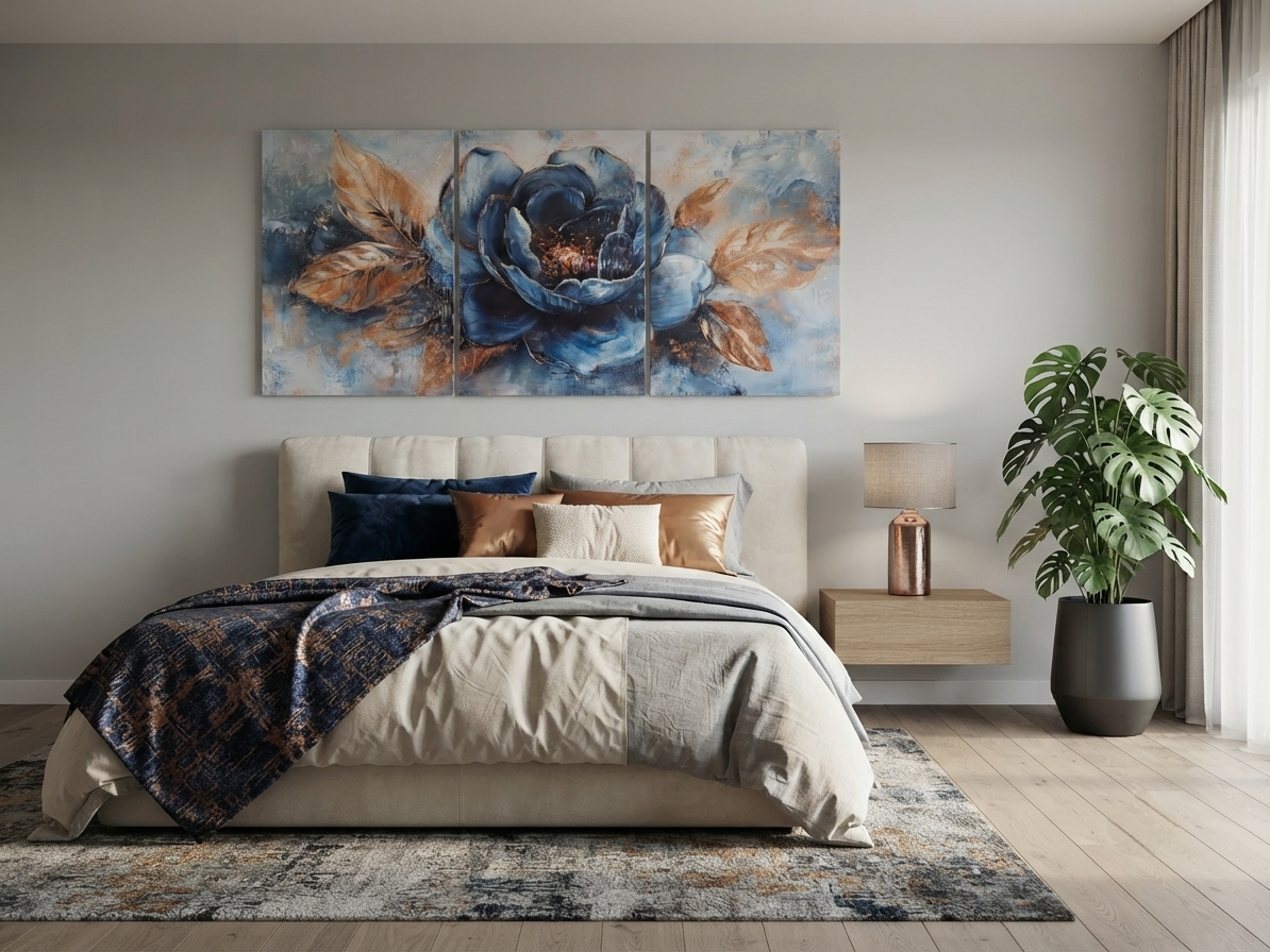 Golden Leaves & Blue Blossom Canvas Wall Art – Luxe Romantic Décor