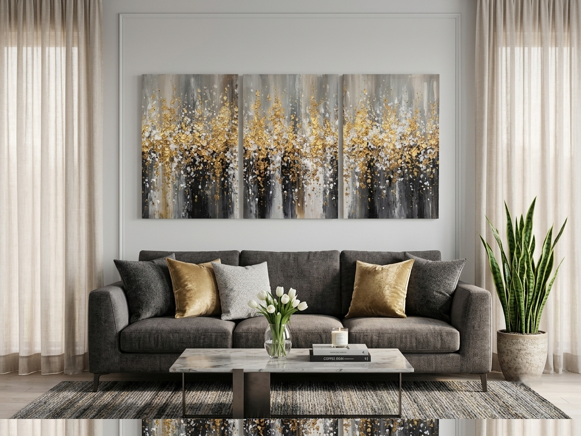 Gray Gradient and Gold Abstract Wall Art Set