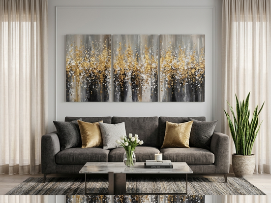 Gray Gradient and Gold Abstract Wall Art Set