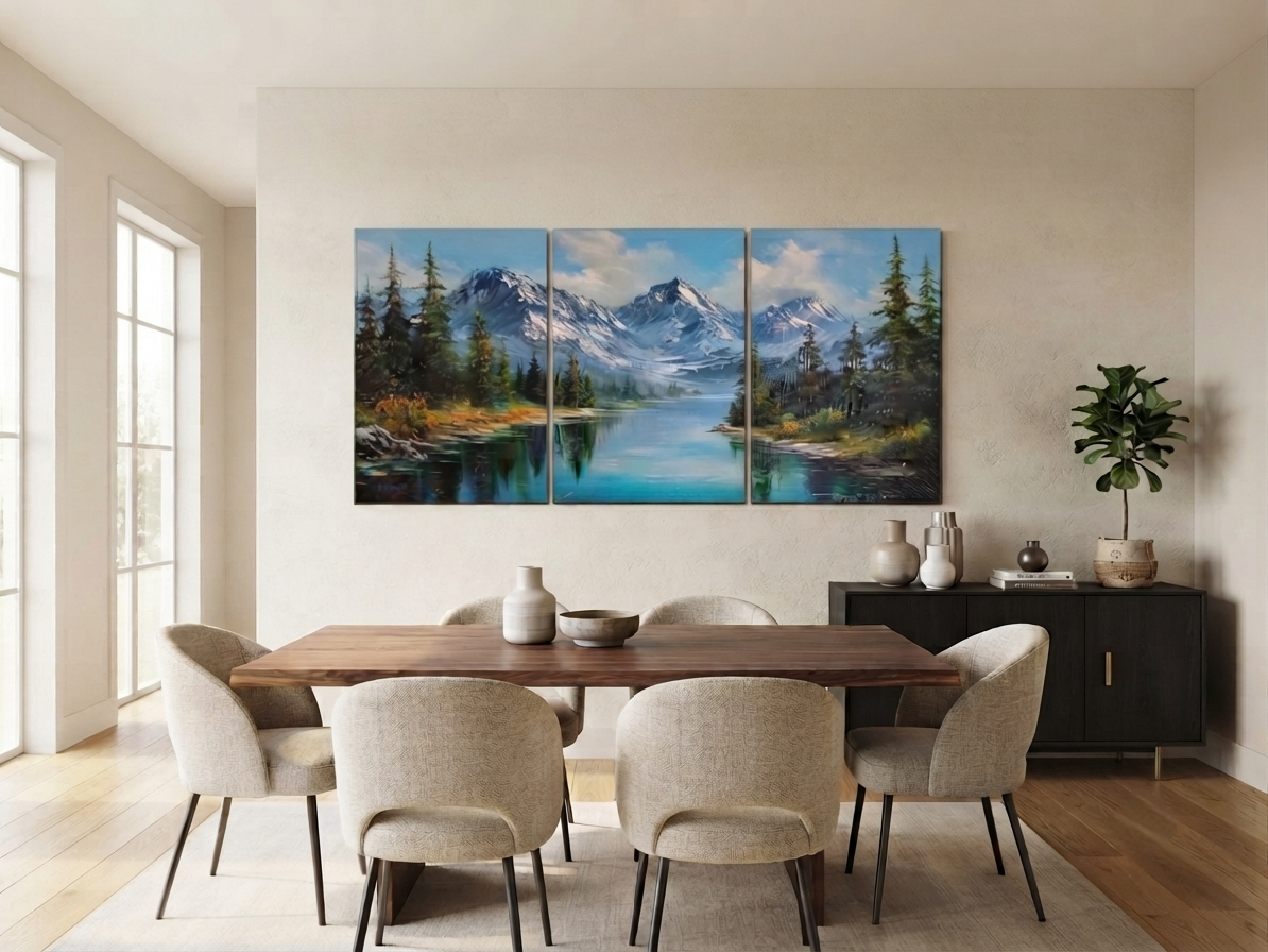 Snowy Mountain Landscape Canvas Prints with Forest Lake Scenery