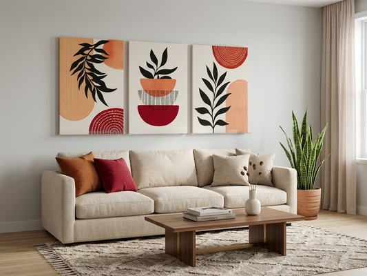 Boho Wall Art Set – Geometric & Plant Motif Canvas Prints